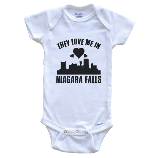 They Love Me In Niagara Falls New York Hearts Skyline One Piece Baby Bodysuit