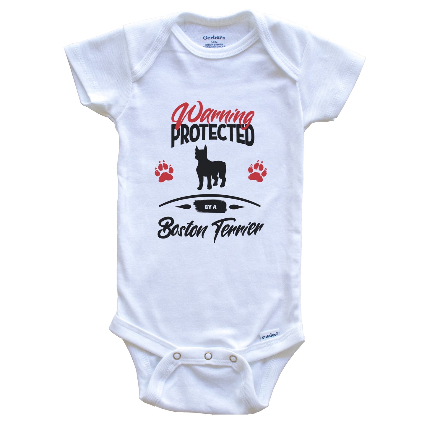 Warning Protected By A Boston Terrier Funny Dog Owner Baby Bodysuit