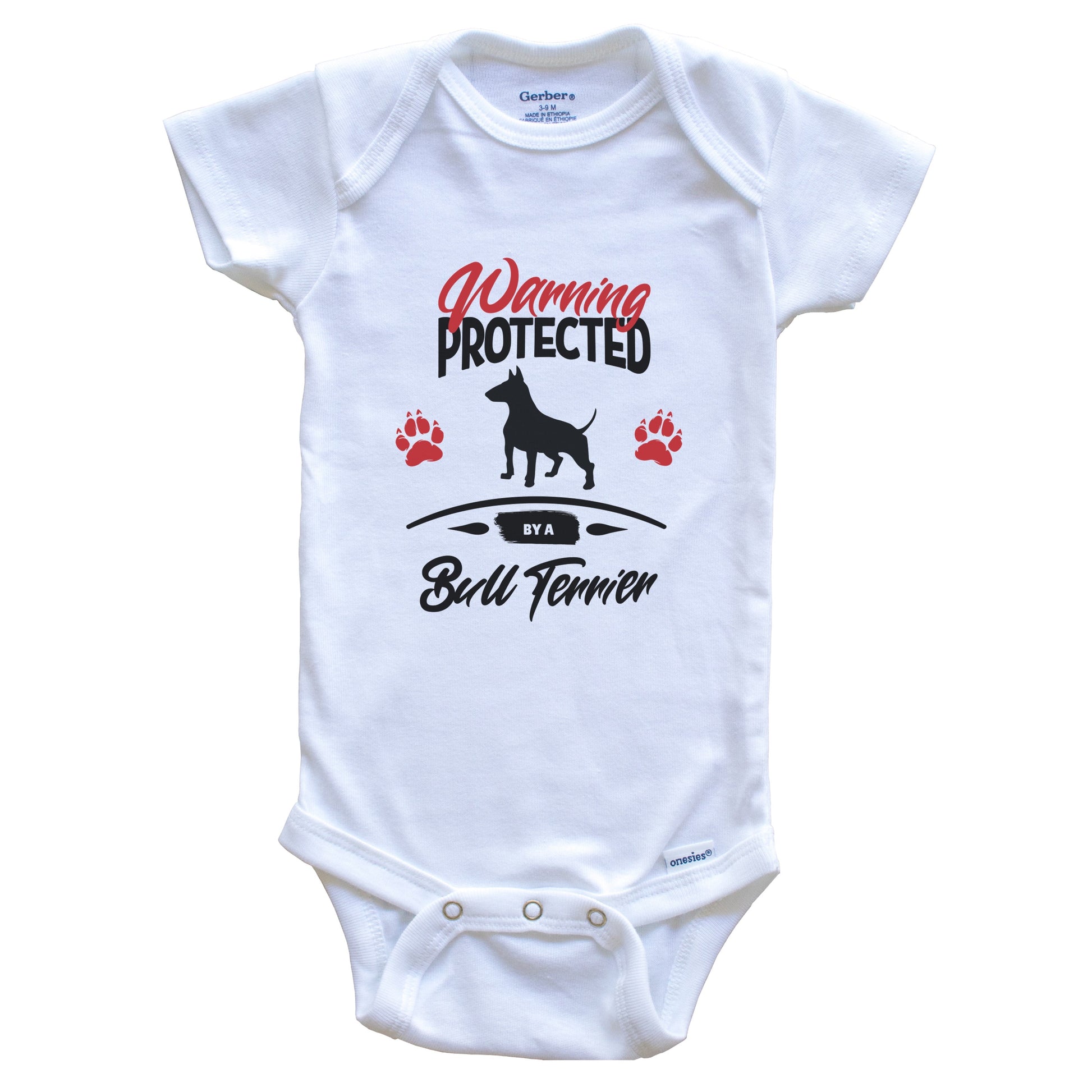Warning Protected By A Bull Terrier Funny Dog Owner Baby Bodysuit