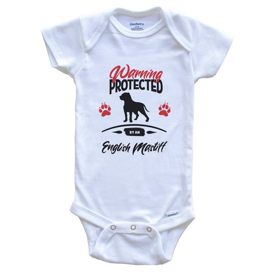 Warning Protected By An English Mastiff Funny Dog Owner Baby Bodysuit