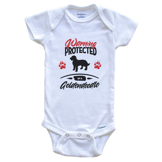 Warning Protected By A Goldendoodle Funny Dog Owner Baby Bodysuit