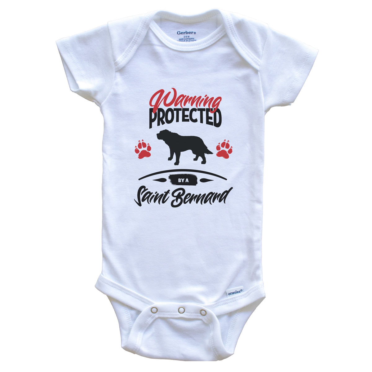 Warning Protected By A Saint Bernard Funny Dog Owner Baby Bodysuit