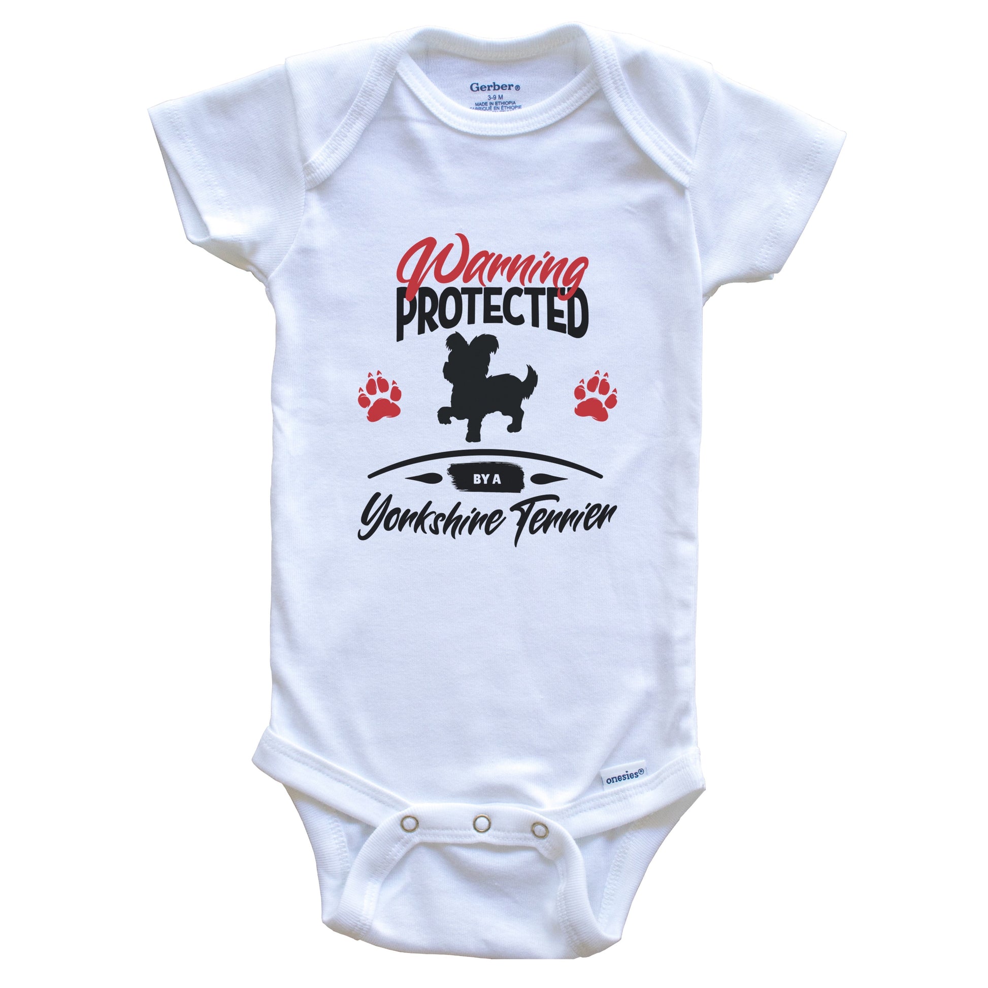 Warning Protected By A Yorkshire Terrier Funny Dog Owner Baby Bodysuit