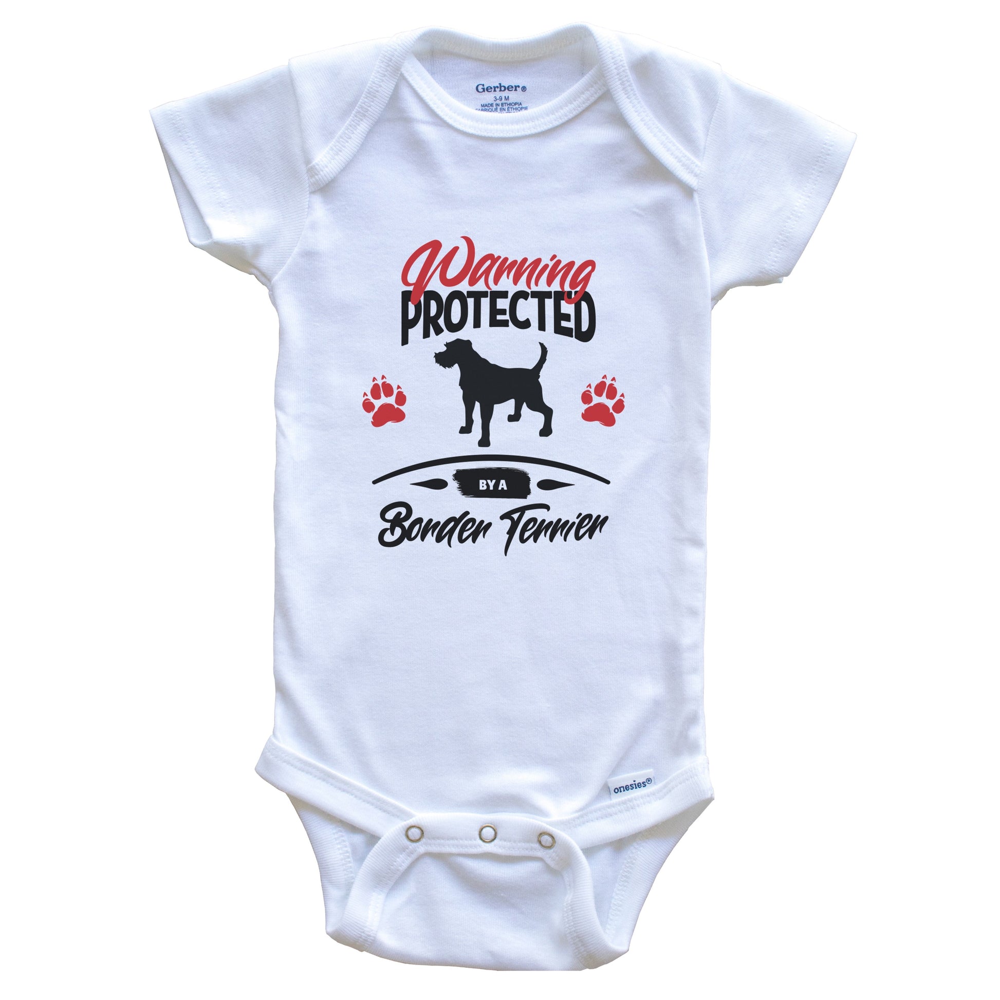 Warning Protected By A Border Terrier Funny Dog Owner Baby Bodysuit