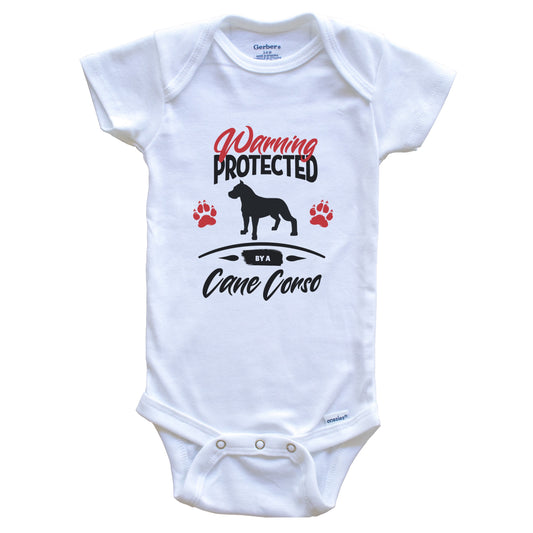 Warning Protected By A Cane Corso Funny Dog Owner Baby Bodysuit