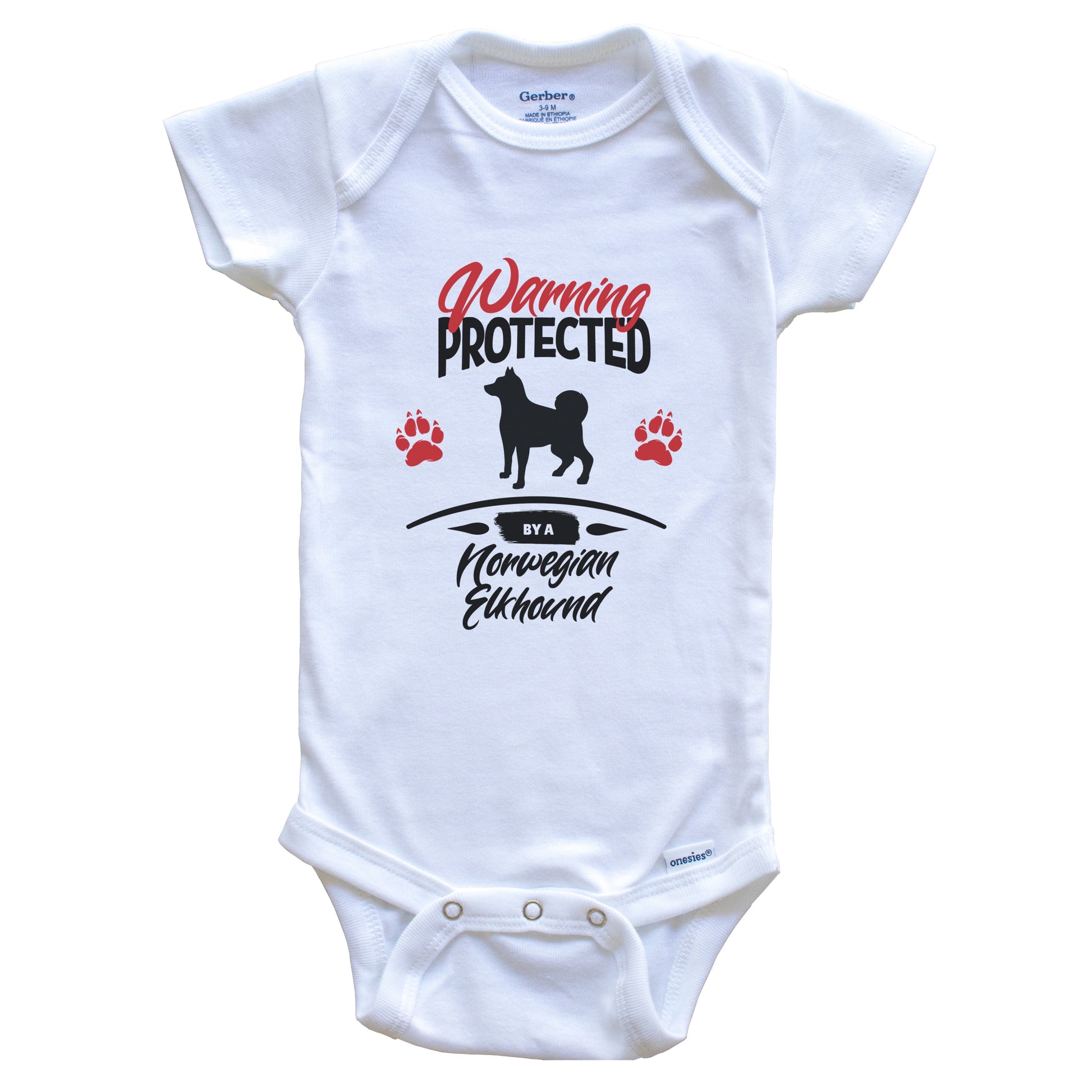 Warning Protected By A Norwegian Elkhound Funny Dog Owner Baby Bodysuit