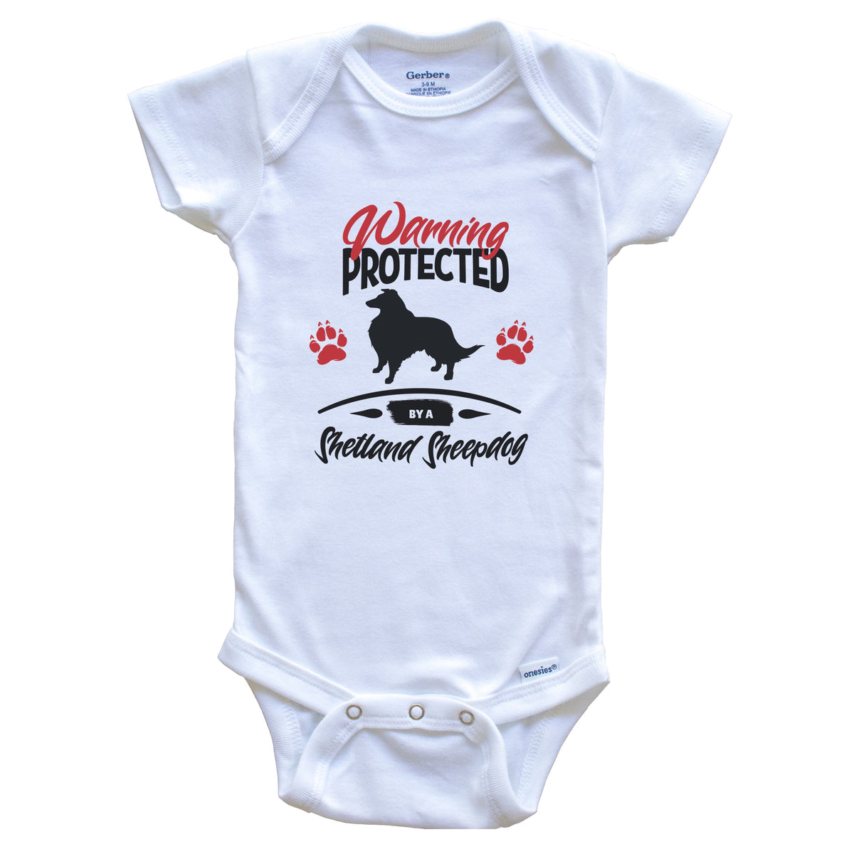 Warning Protected By A Shetland Sheepdog Funny Dog Owner Baby Bodysuit