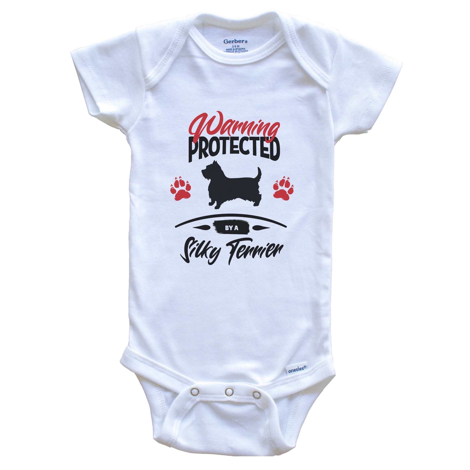 Warning Protected By A Silky Terrier Funny Dog Owner Baby Bodysuit