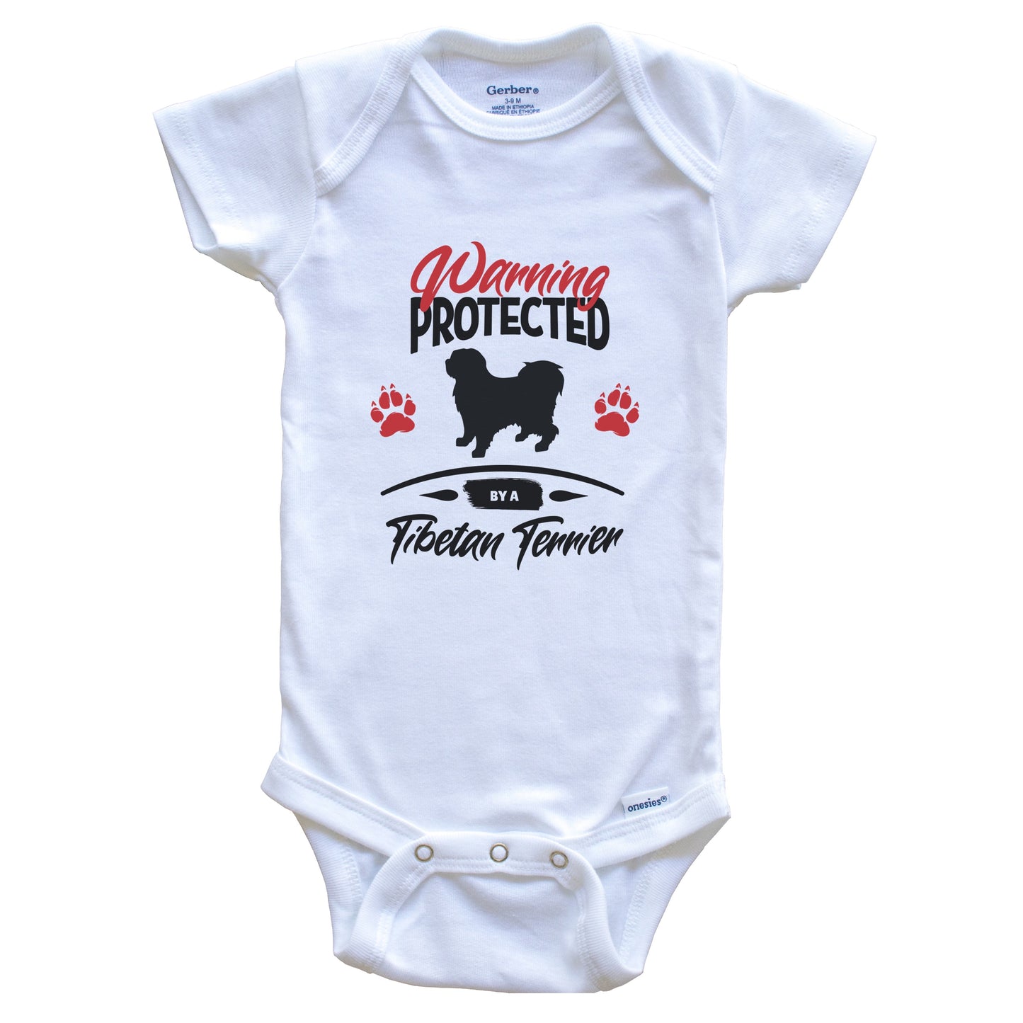 Warning Protected By A Tibetan Terrier Funny Dog Owner Baby Bodysuit