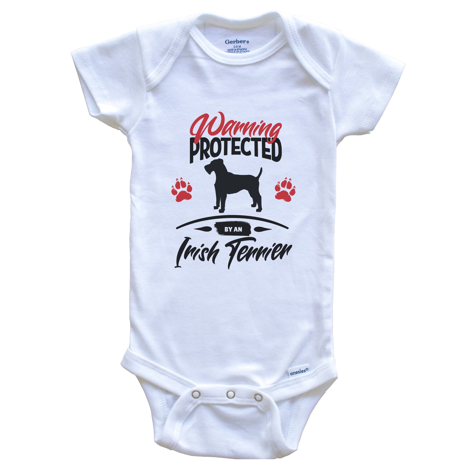 Warning Protected By A Irish Terrier Funny Dog Owner Baby Bodysuit