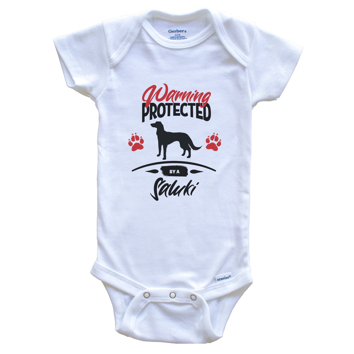 Warning Protected By A Saluki Funny Dog Owner Baby Bodysuit