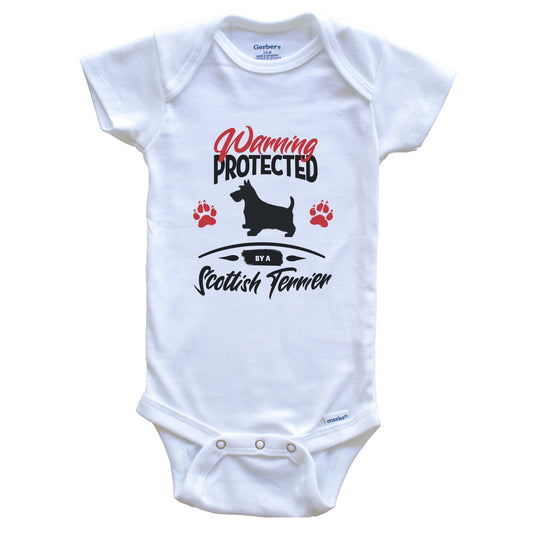Warning Protected By A Scottish Terrier Funny Dog Owner Baby Bodysuit