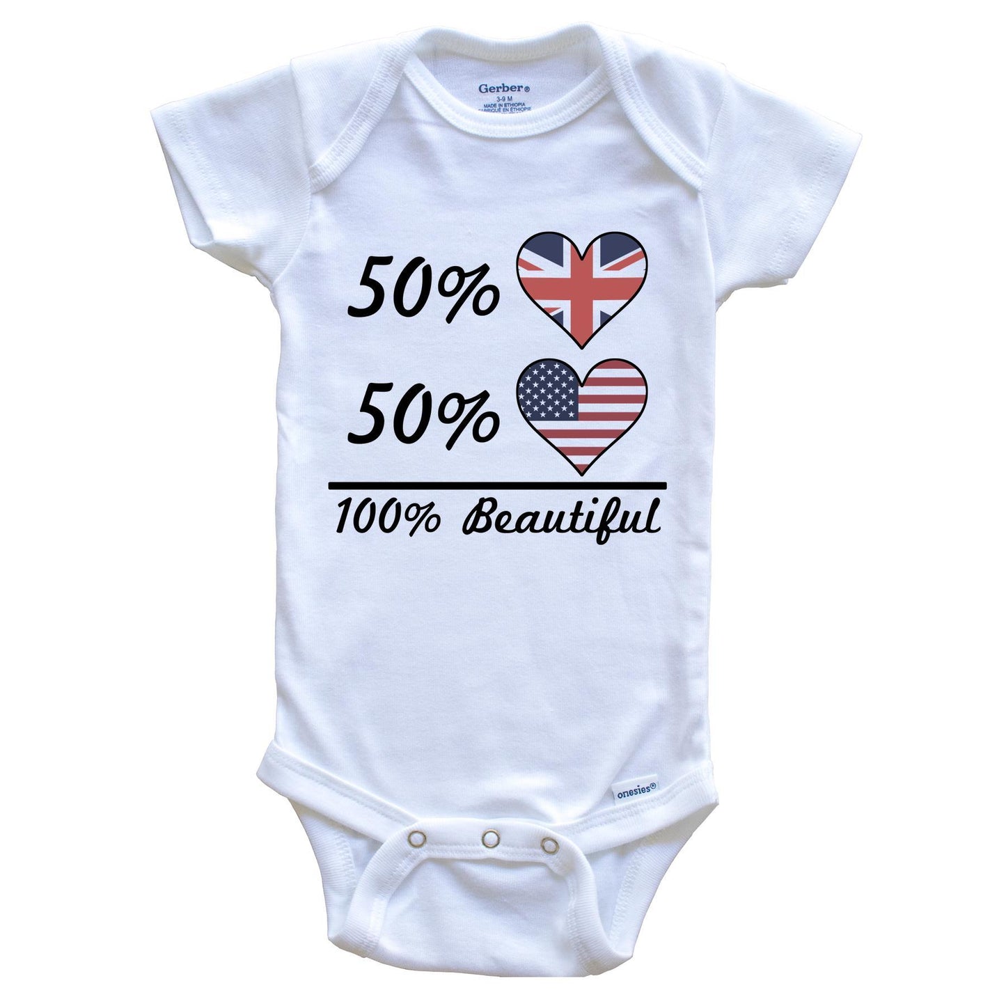 50% British 50% American 100% Beautiful United Kingdom Flag Heart Baby Onesie