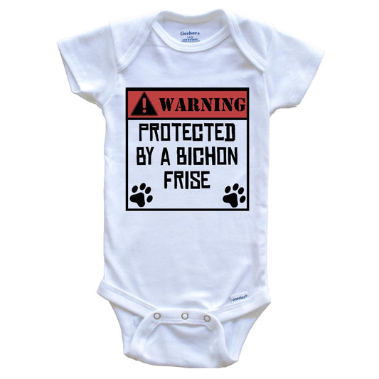 Warning Protected By A Bichon Frise Funny Baby Onesie