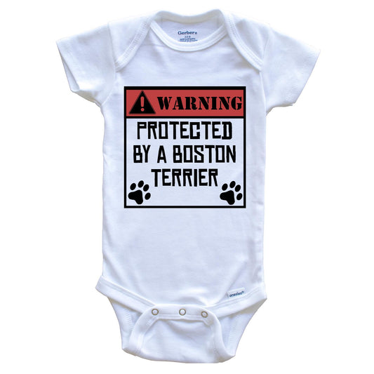 Warning Protected By A Boston Terrier Funny Baby Onesie