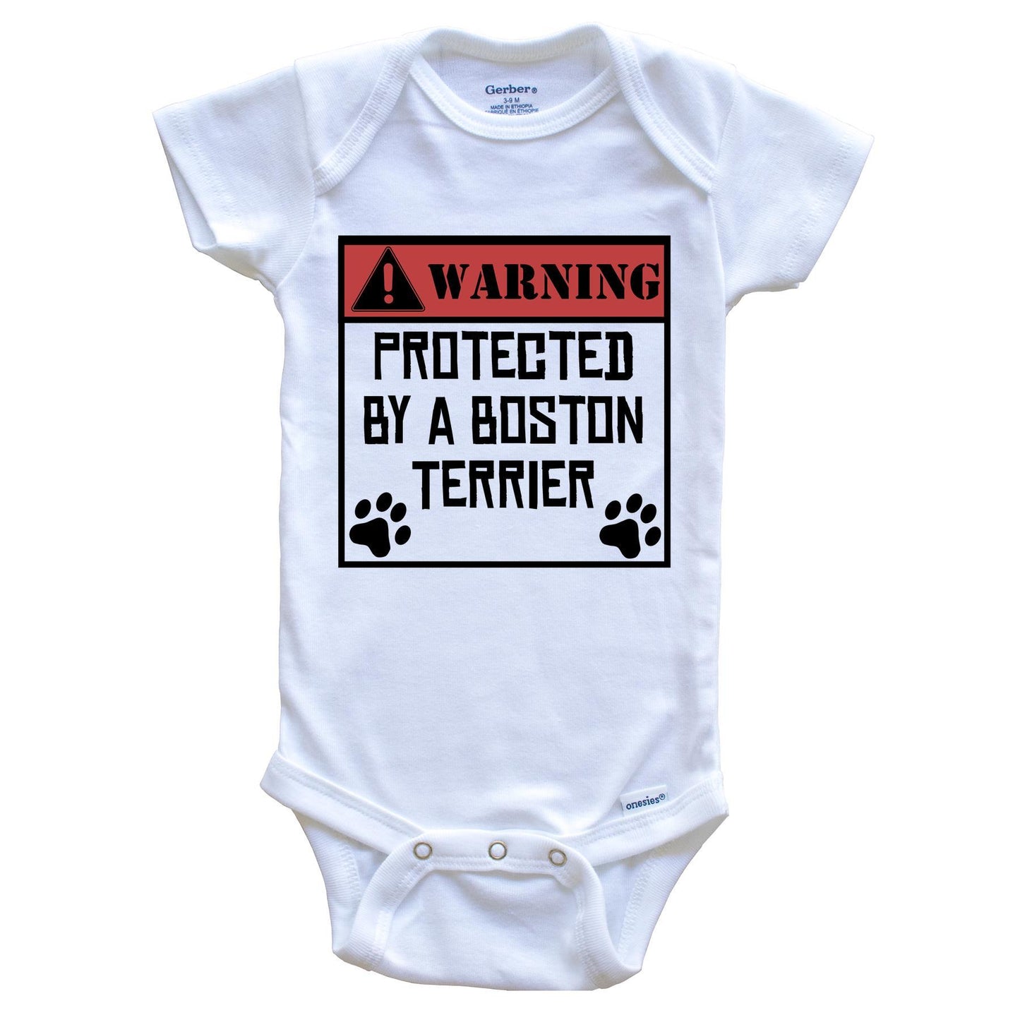 Warning Protected By A Boston Terrier Funny Baby Onesie