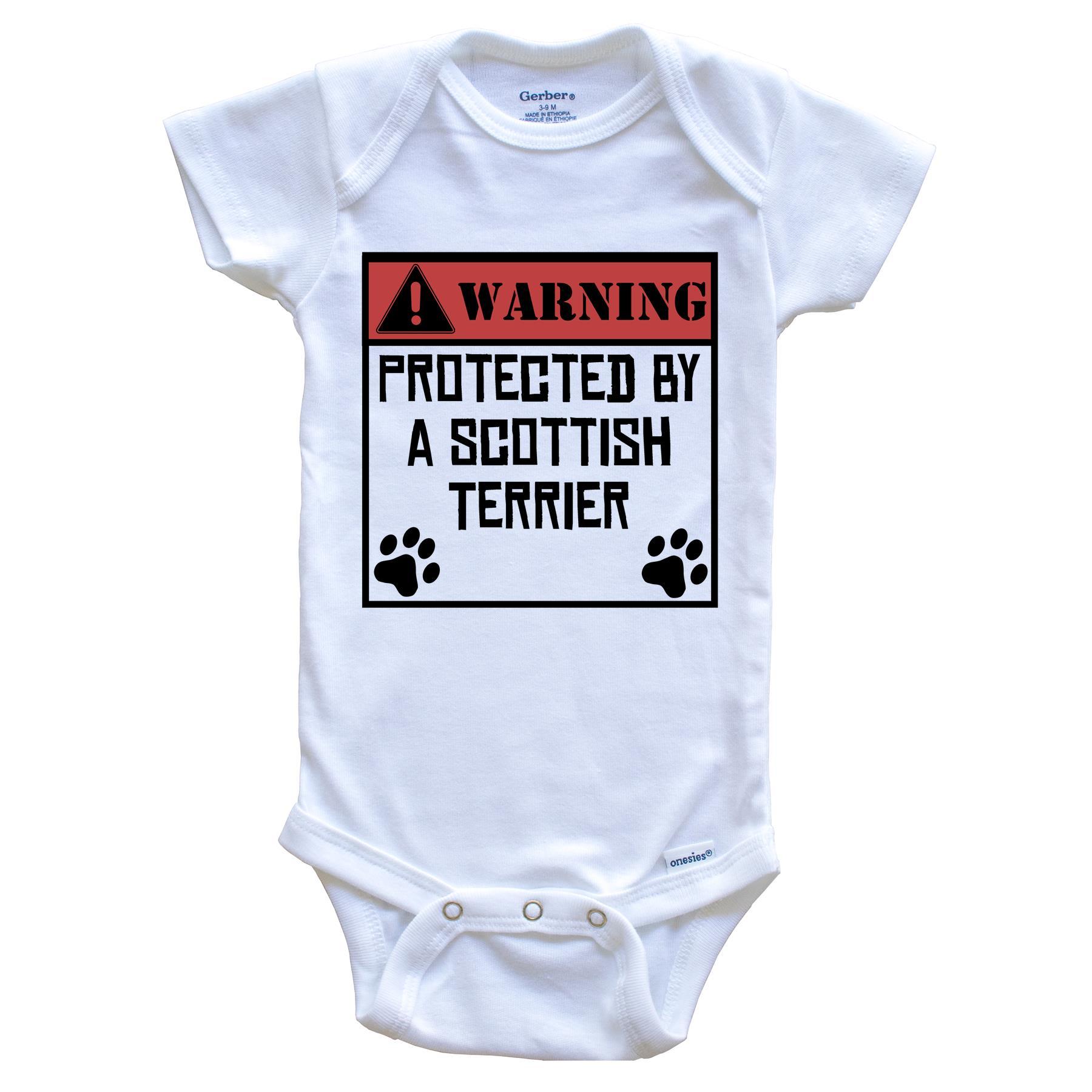 Warning Protected By A Scottish Terrier Funny Baby Onesie