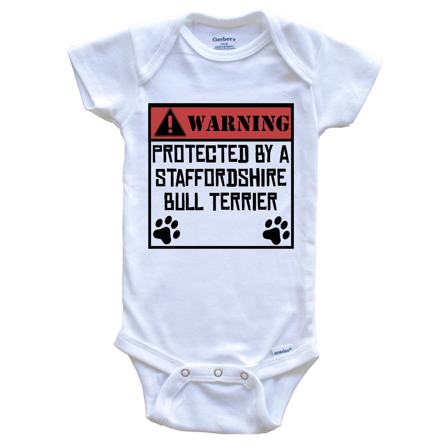 Warning Protected By A Staffordshire Bull Terrier Funny Baby Onesie