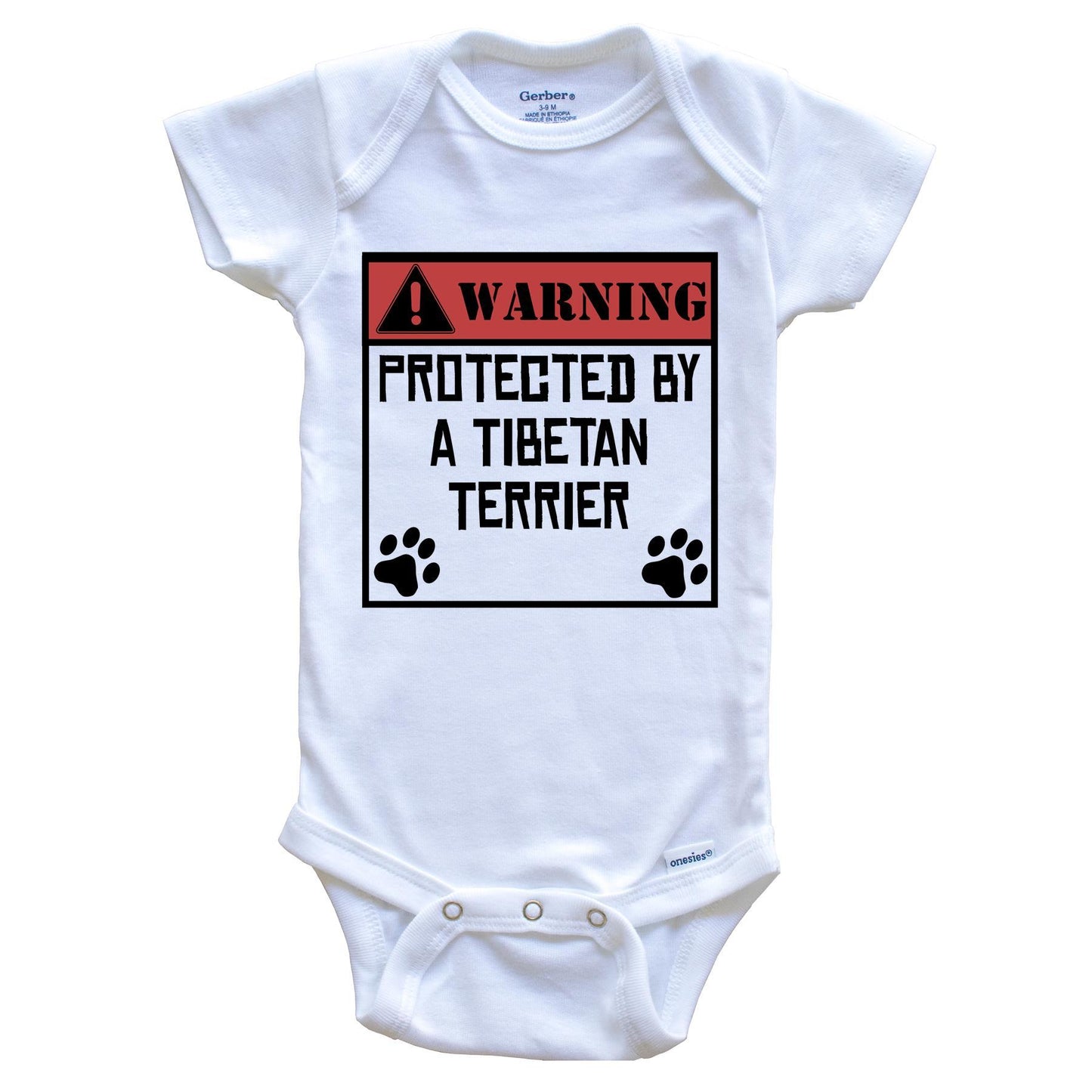 Warning Protected By A Tibetan Terrier Funny Baby Onesie