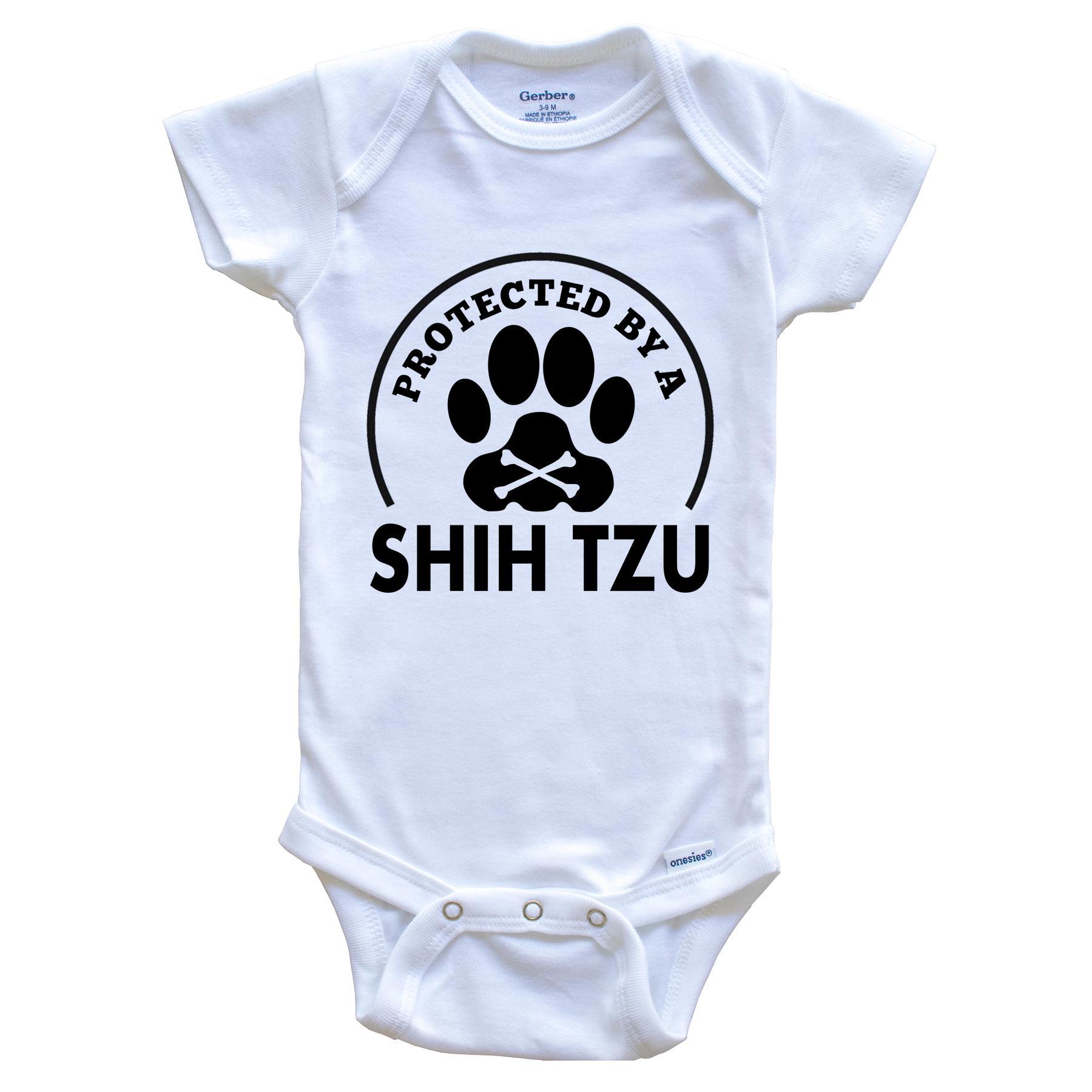 Protected By A Shih Tzu Funny Baby Onesie