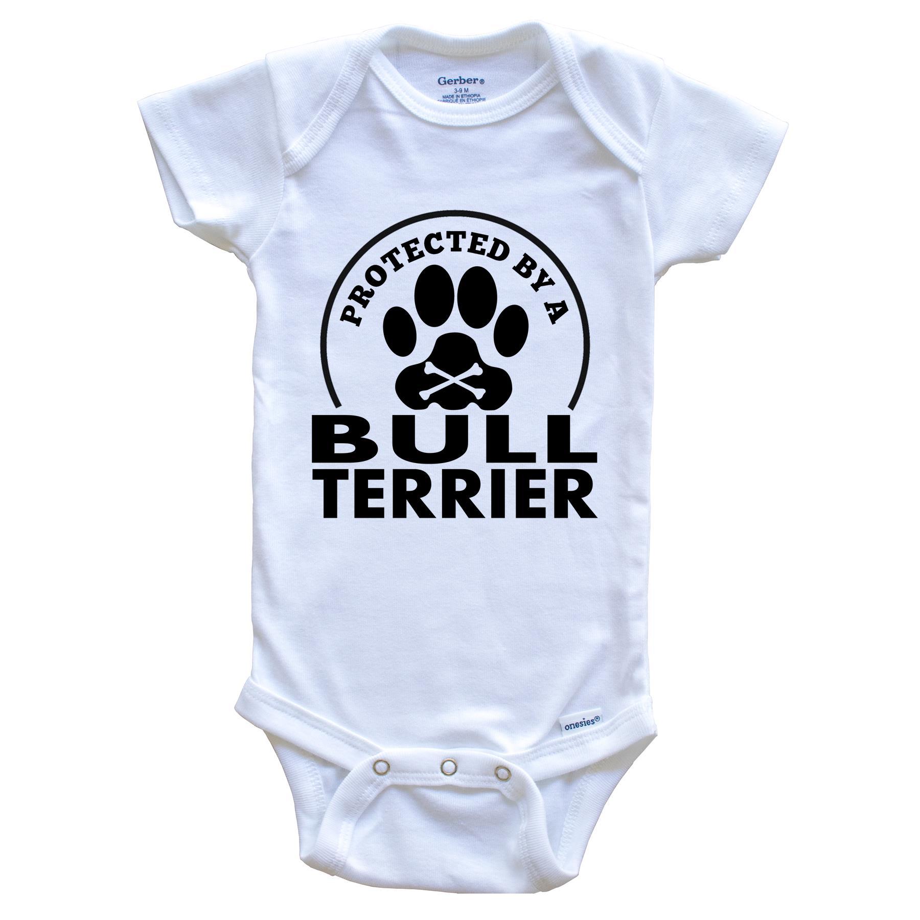 Protected By A Bull Terrier Funny Baby Onesie