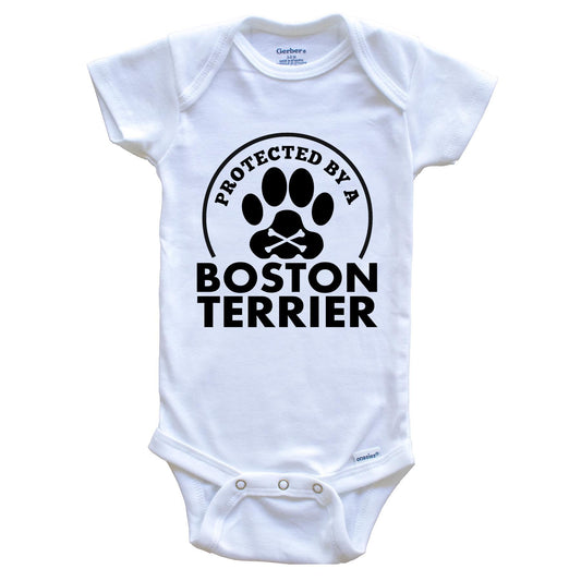 Protected By A Boston Terrier Funny Baby Onesie