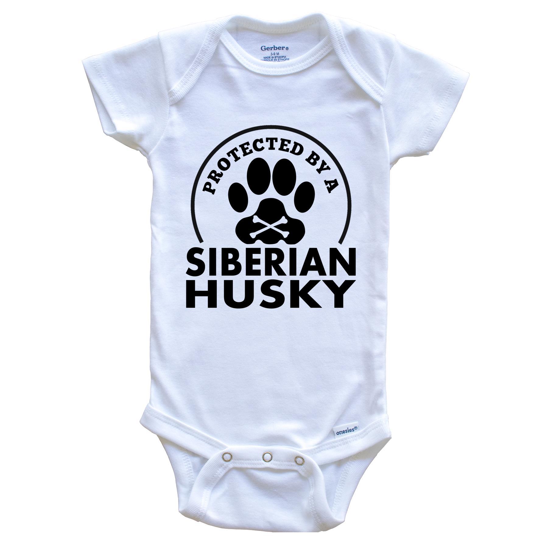 Protected By A Siberian Husky Funny Baby Onesie