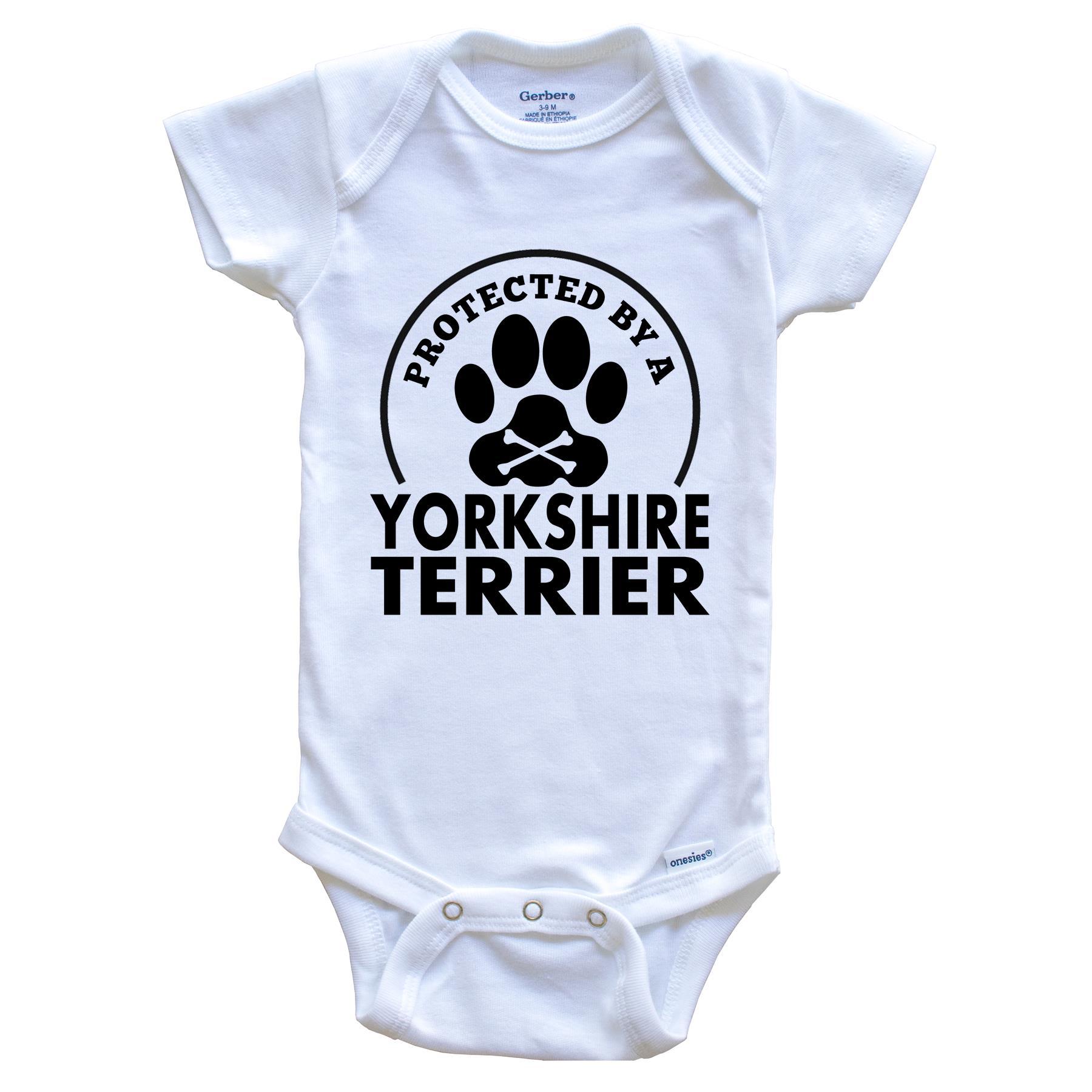 Protected By A Yorkshire Terrier Funny Baby Onesie