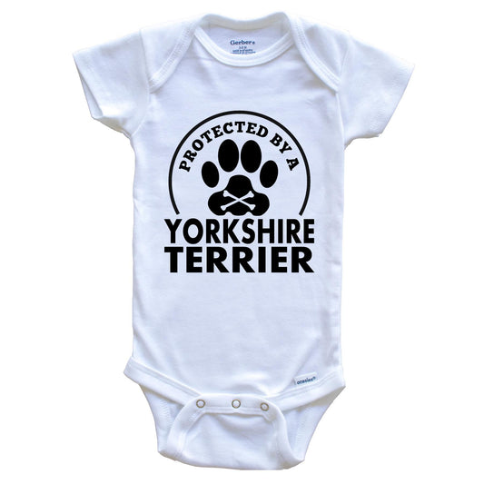 Protected By A Yorkshire Terrier Funny Baby Onesie