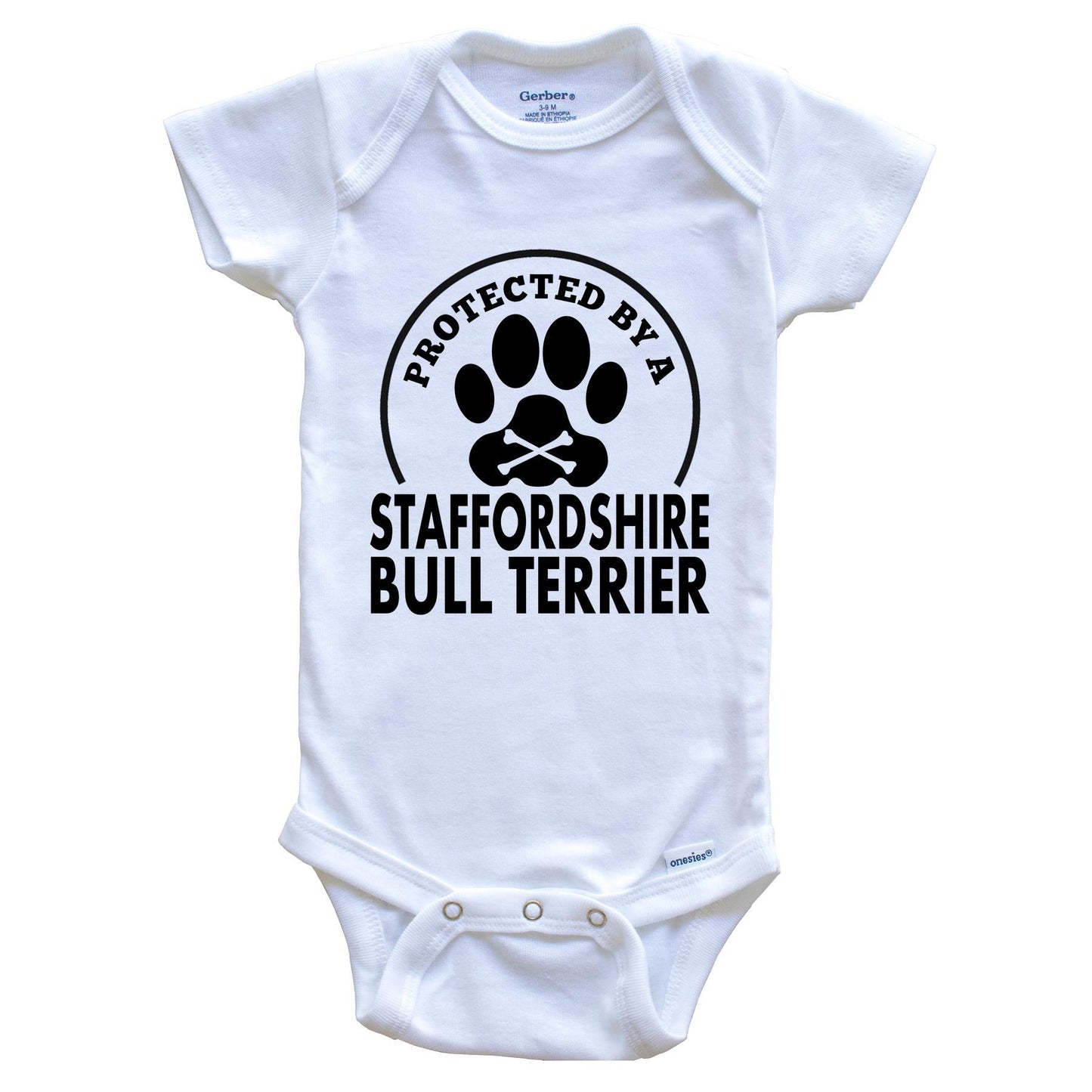 Protected By A Staffordshire Bull Terrier Funny Baby Onesie