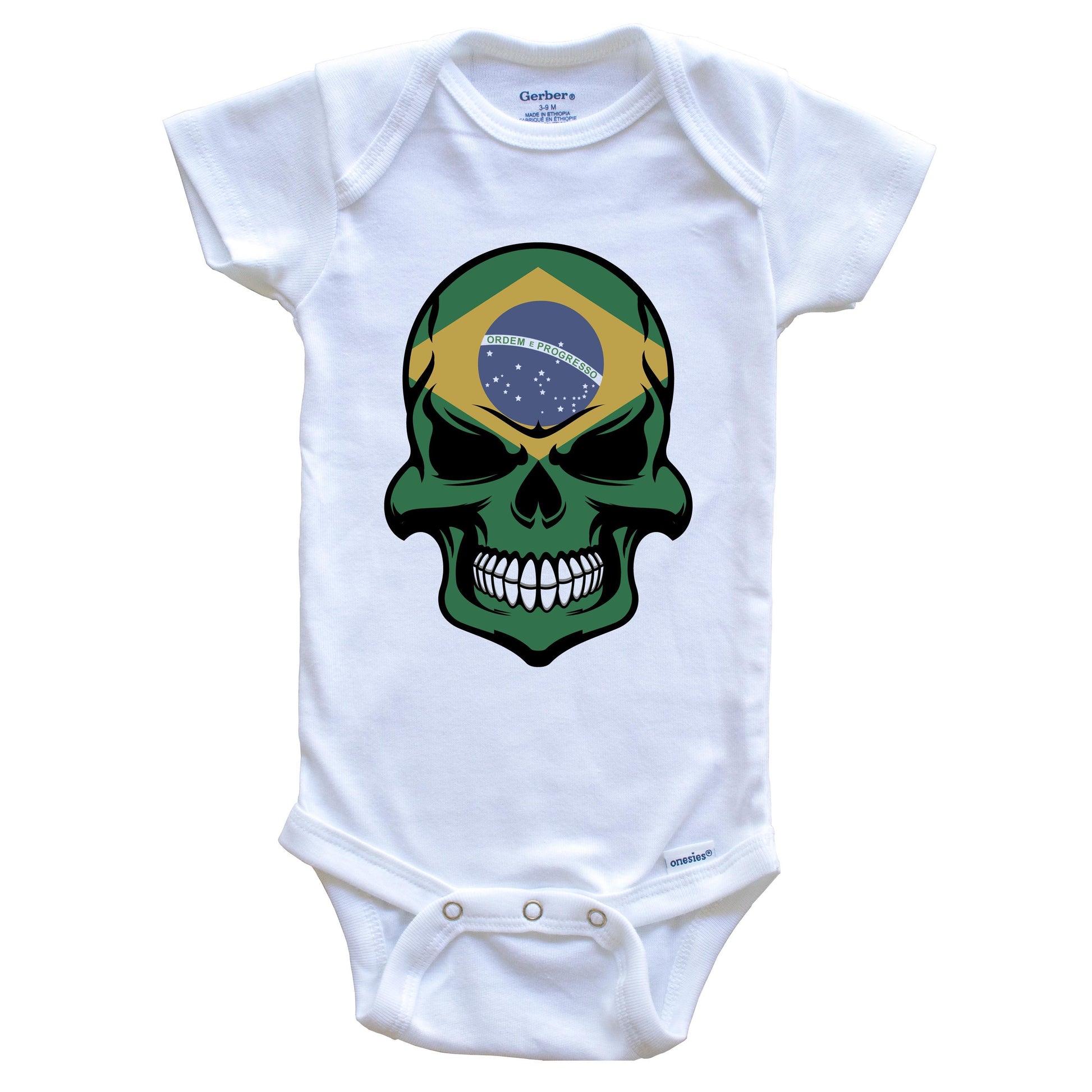Brazilian Flag Skull Cool Brazil Skull Baby Onesie