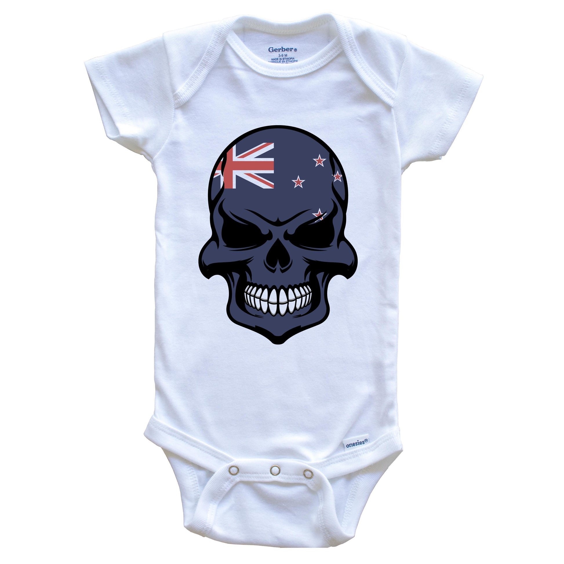 Kiwi Flag Skull Cool New Zealand Skull Baby Onesie