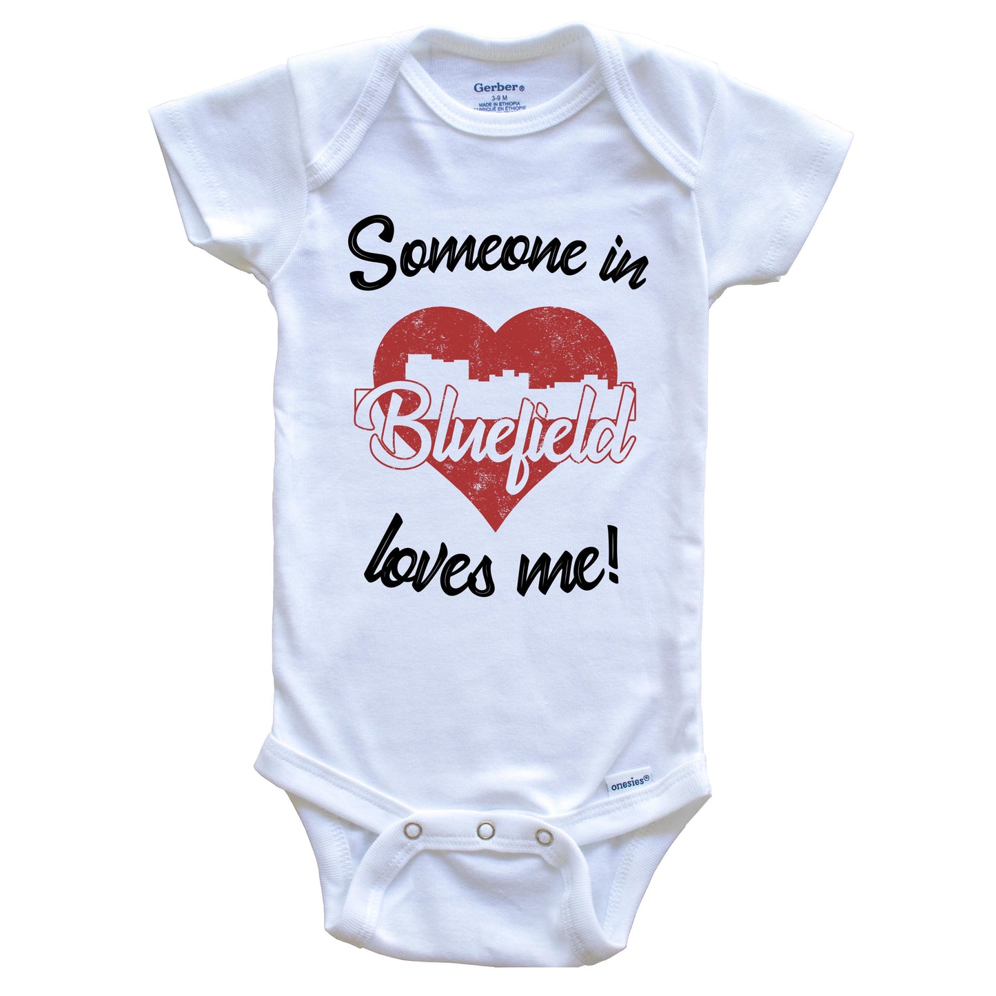 Someone In Bluefield Loves Me Red Heart Skyline Baby Onesie