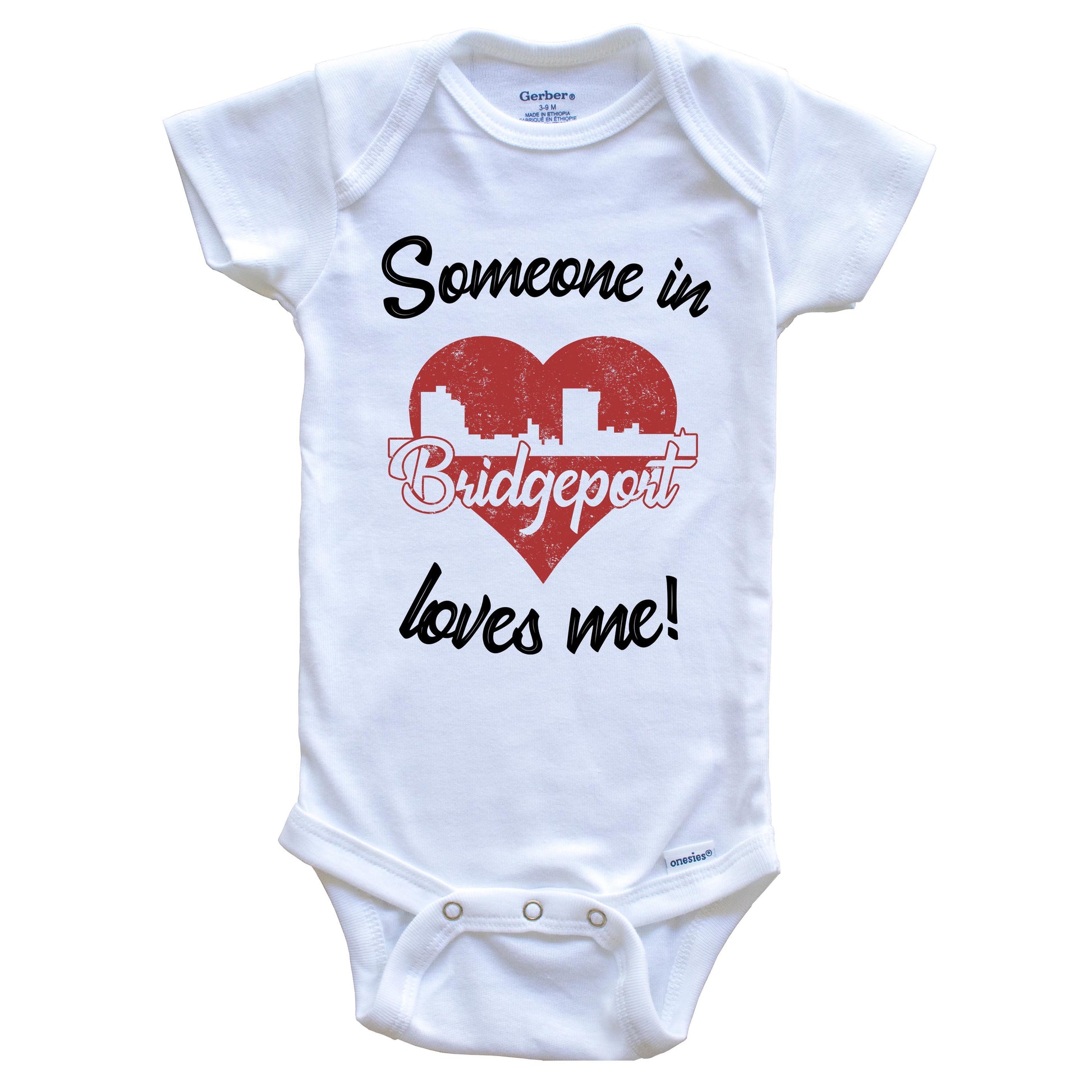 Someone In Bridgeport Loves Me Red Heart Skyline Baby Onesie