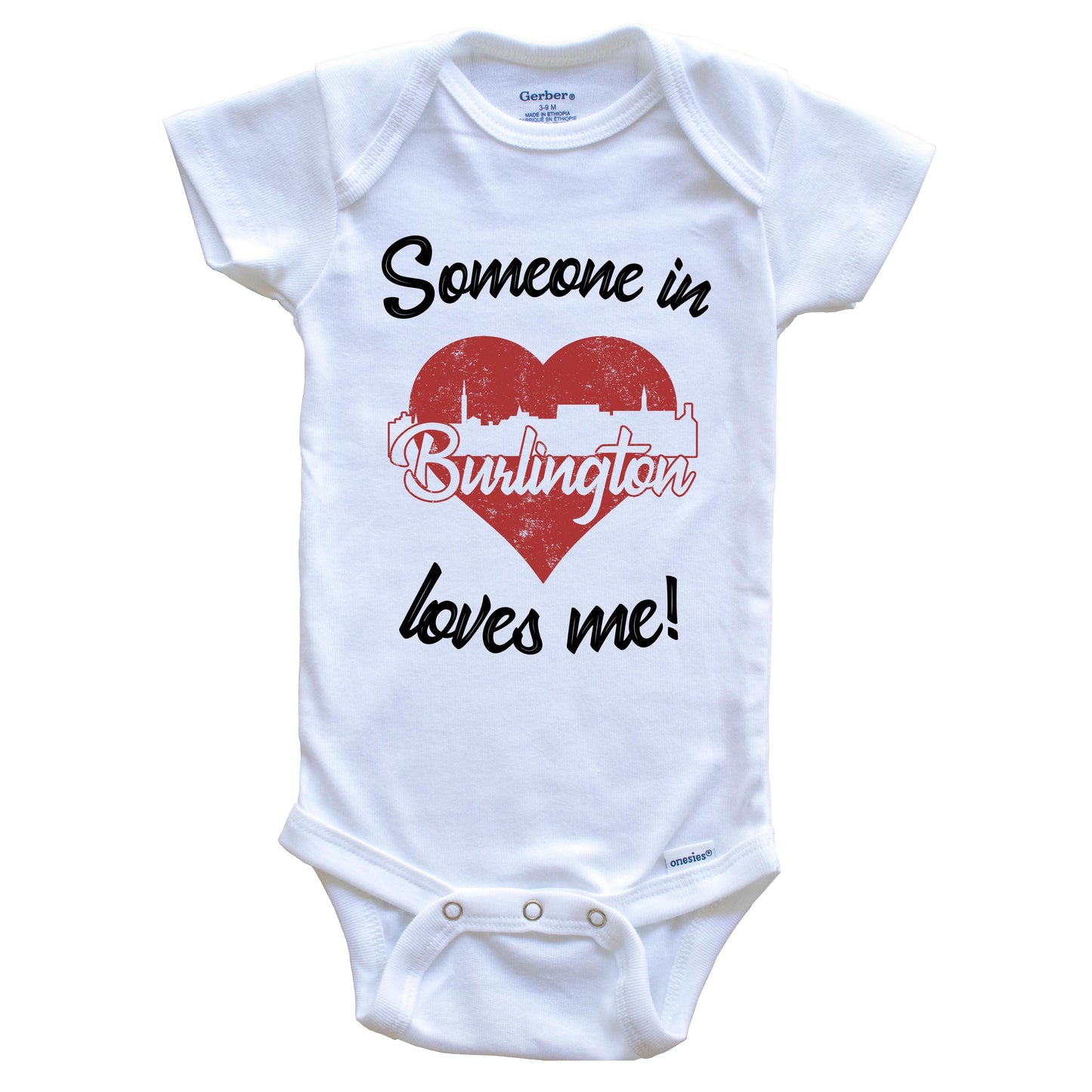 Someone In Burlington Loves Me Red Heart Skyline Baby Onesie