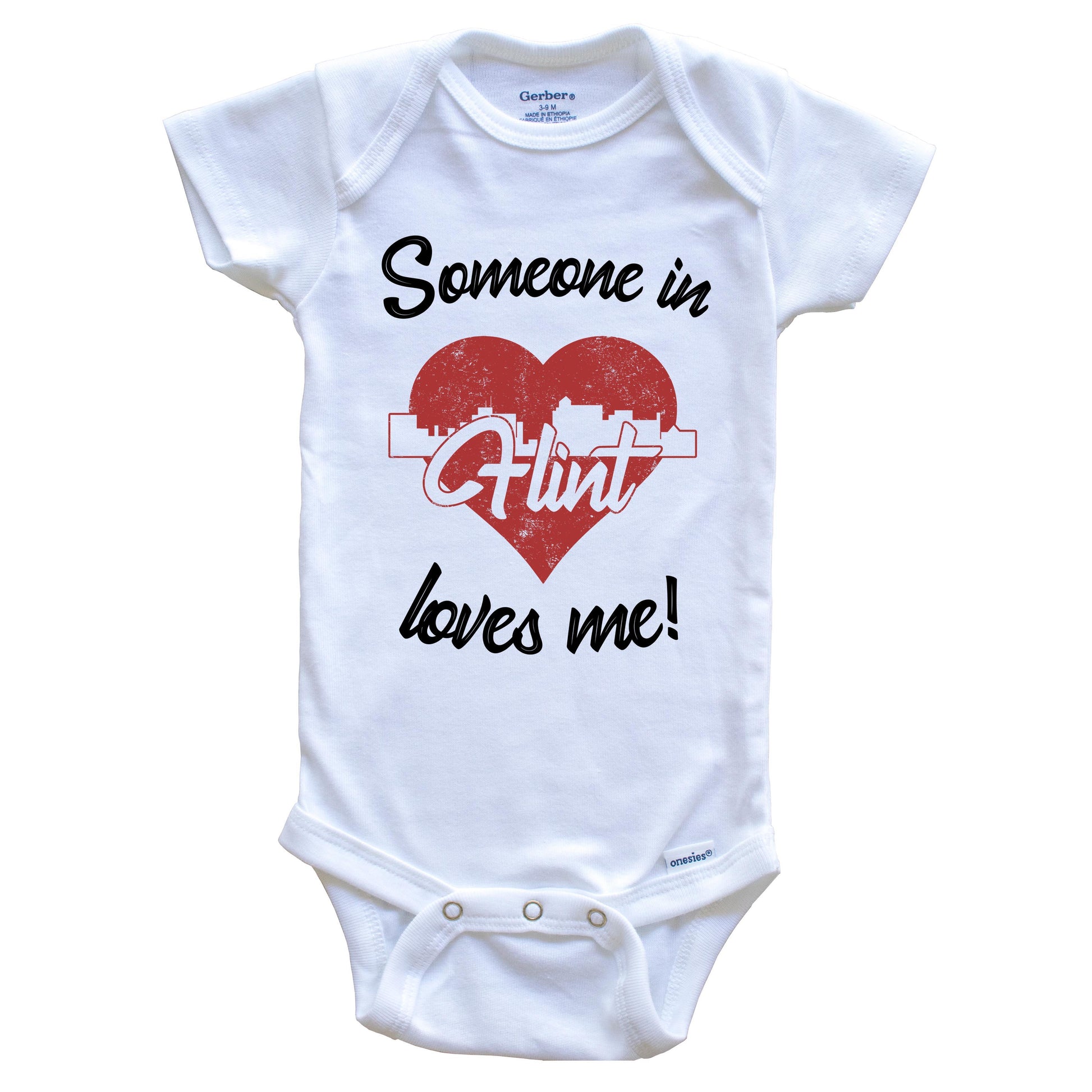 Someone In Flint Loves Me Red Heart Skyline Baby Onesie