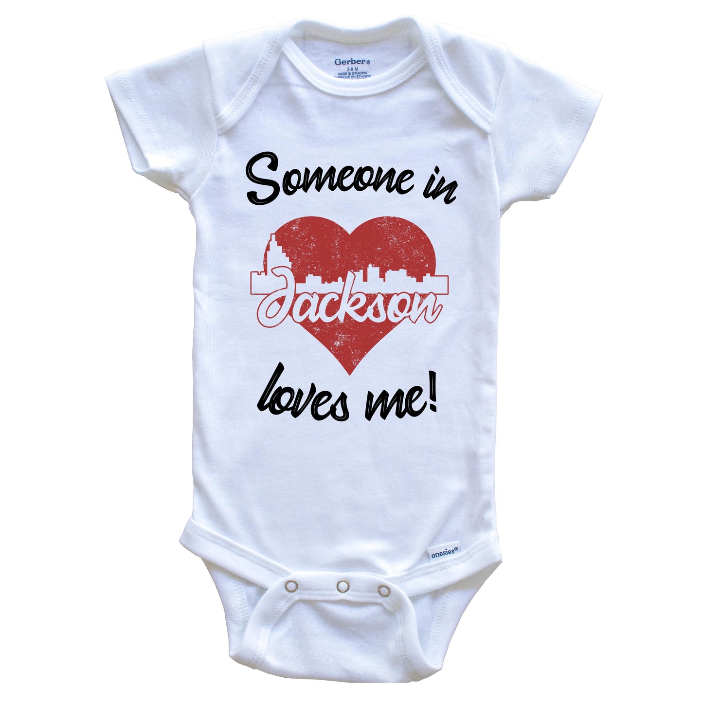 Someone In Jackson Loves Me Red Heart Skyline Baby Onesie