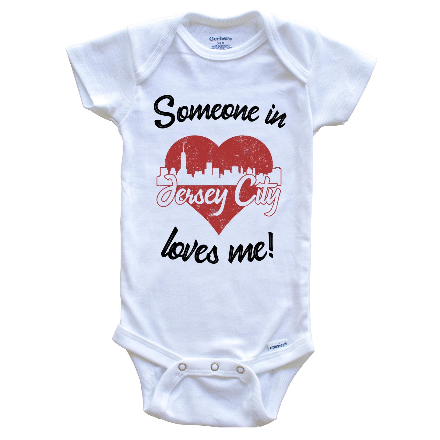 Someone In Jersey City Loves Me Red Heart Skyline Baby Onesie