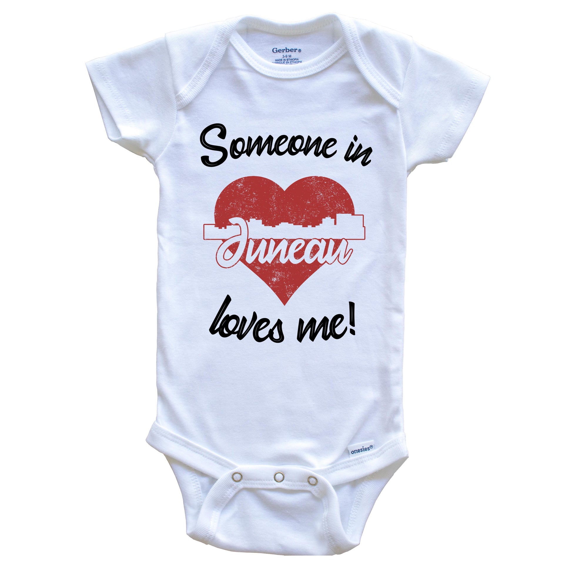 Someone In Juneau Loves Me Red Heart Skyline Baby Onesie