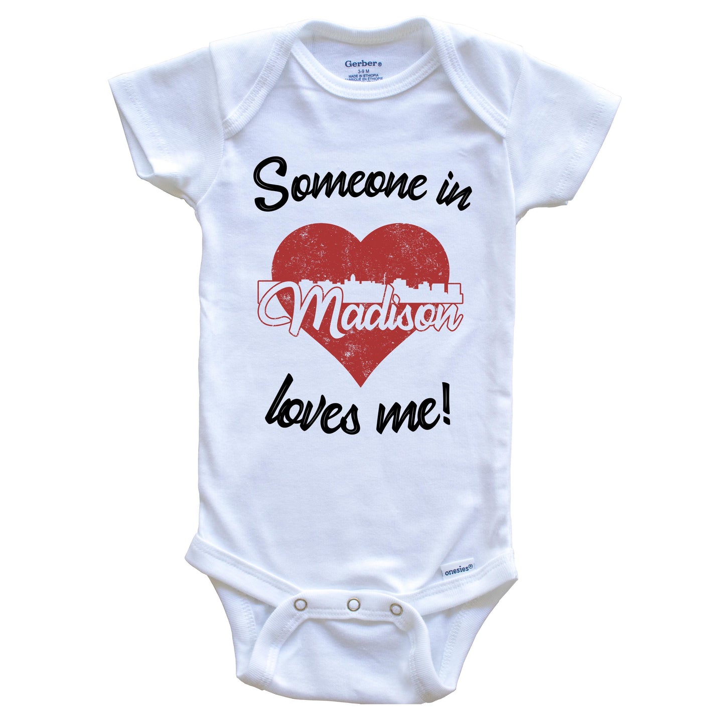 Someone In Madison Loves Me Red Heart Skyline Baby Onesie