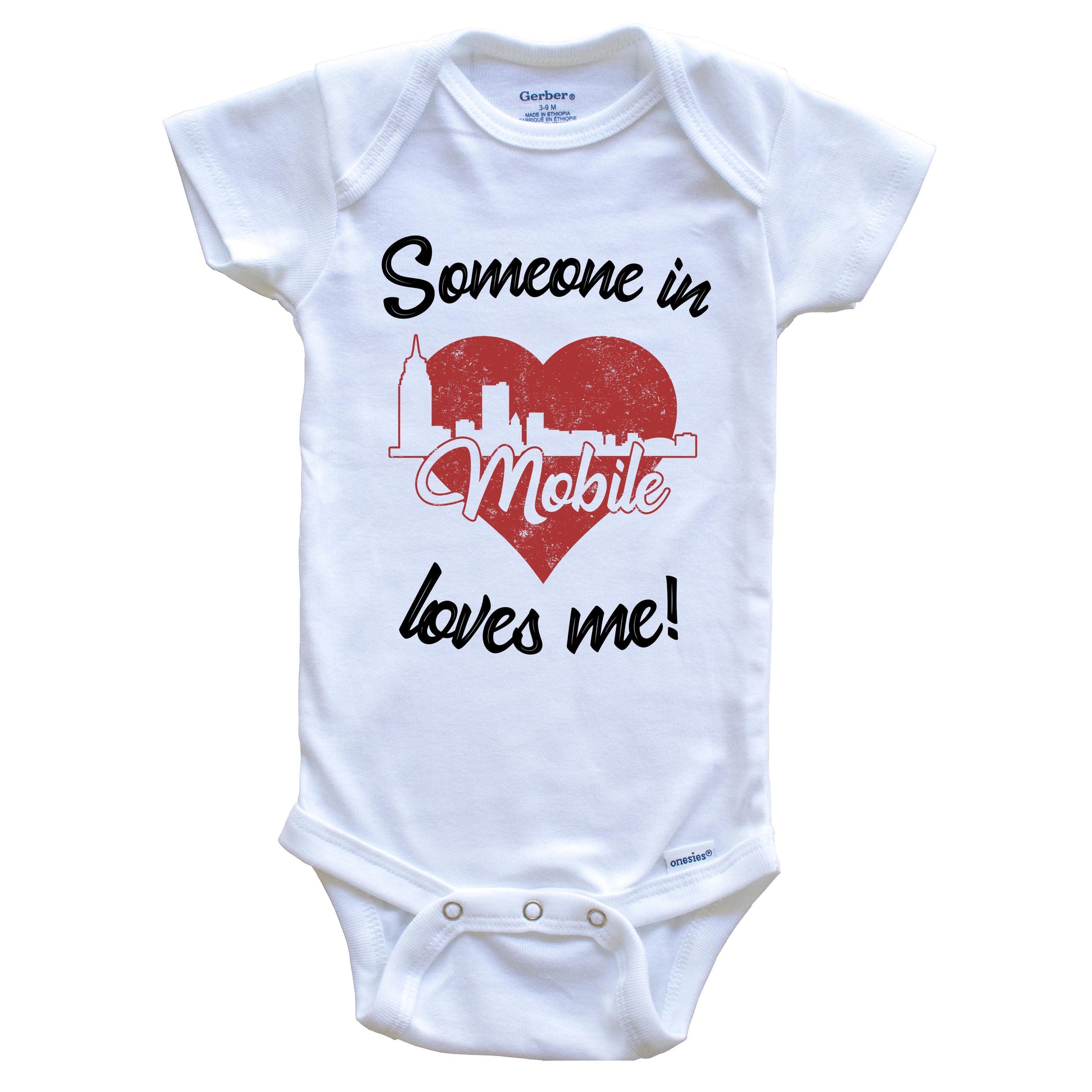 Someone In Mobile Loves Me Red Heart Skyline Baby Onesie