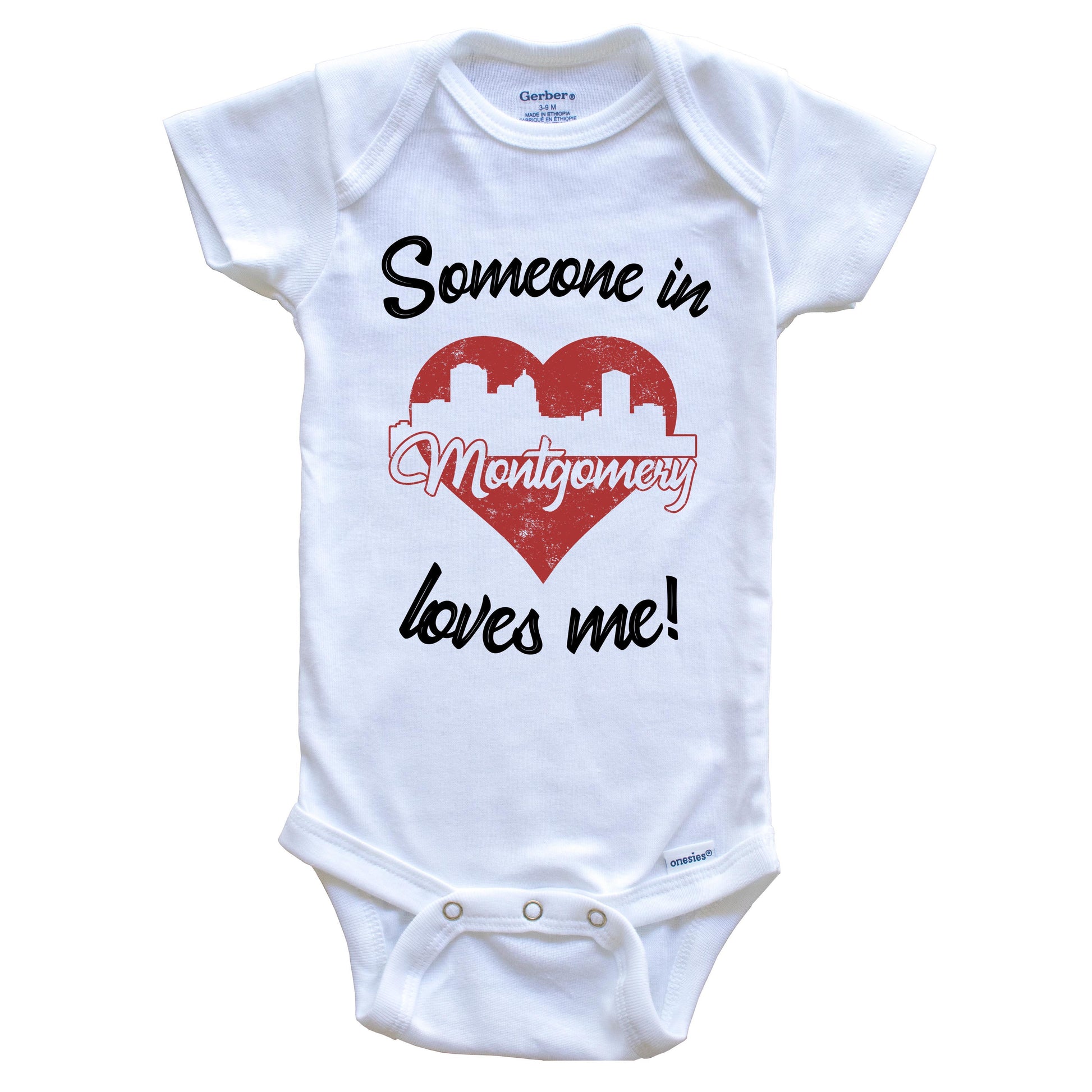 Someone In Montgomery Loves Me Red Heart Skyline Baby Onesie