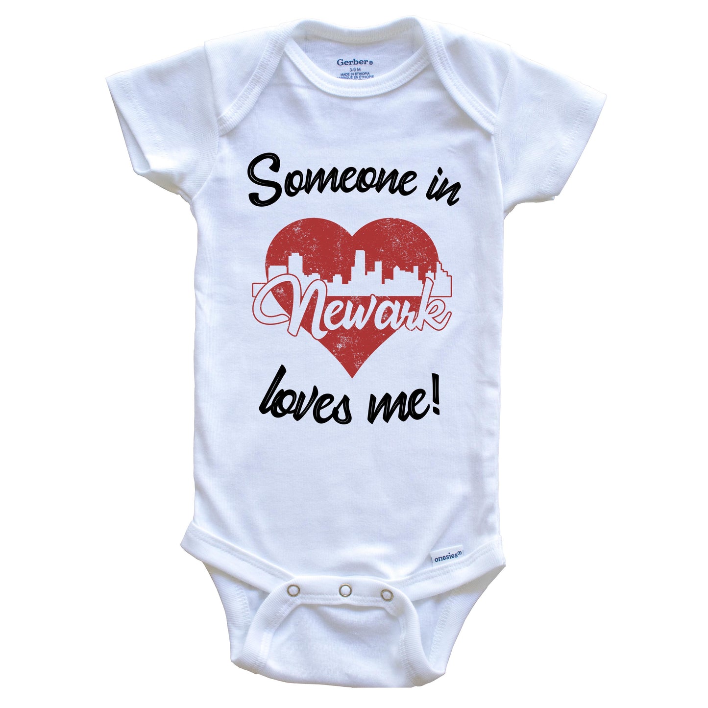 Someone In Newark Loves Me Red Heart Skyline Baby Onesie