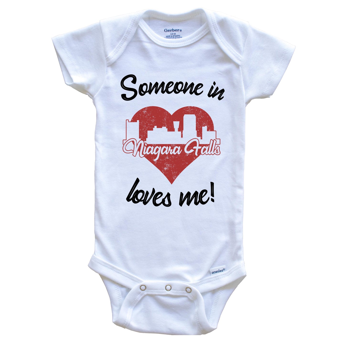 Someone In Niagara Falls Loves Me Red Heart Skyline Baby Onesie