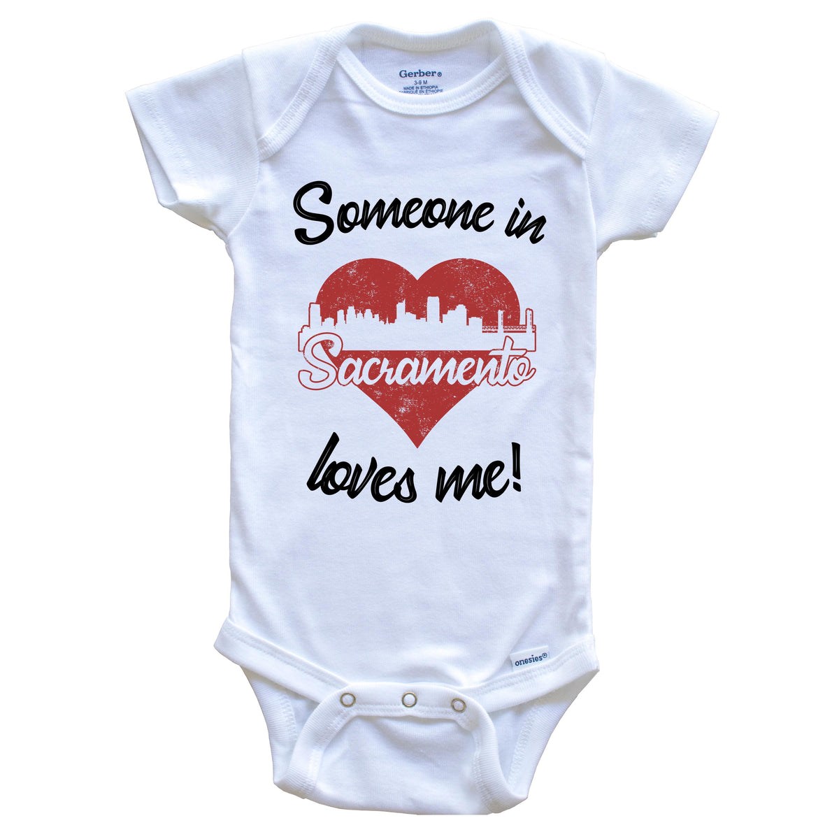 Someone In Sacramento Loves Me Red Heart Skyline Baby Onesie