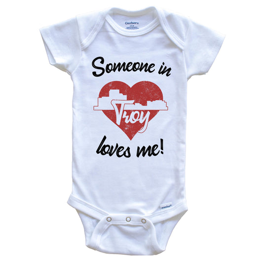 Someone In Troy Loves Me Red Heart Skyline Baby Onesie