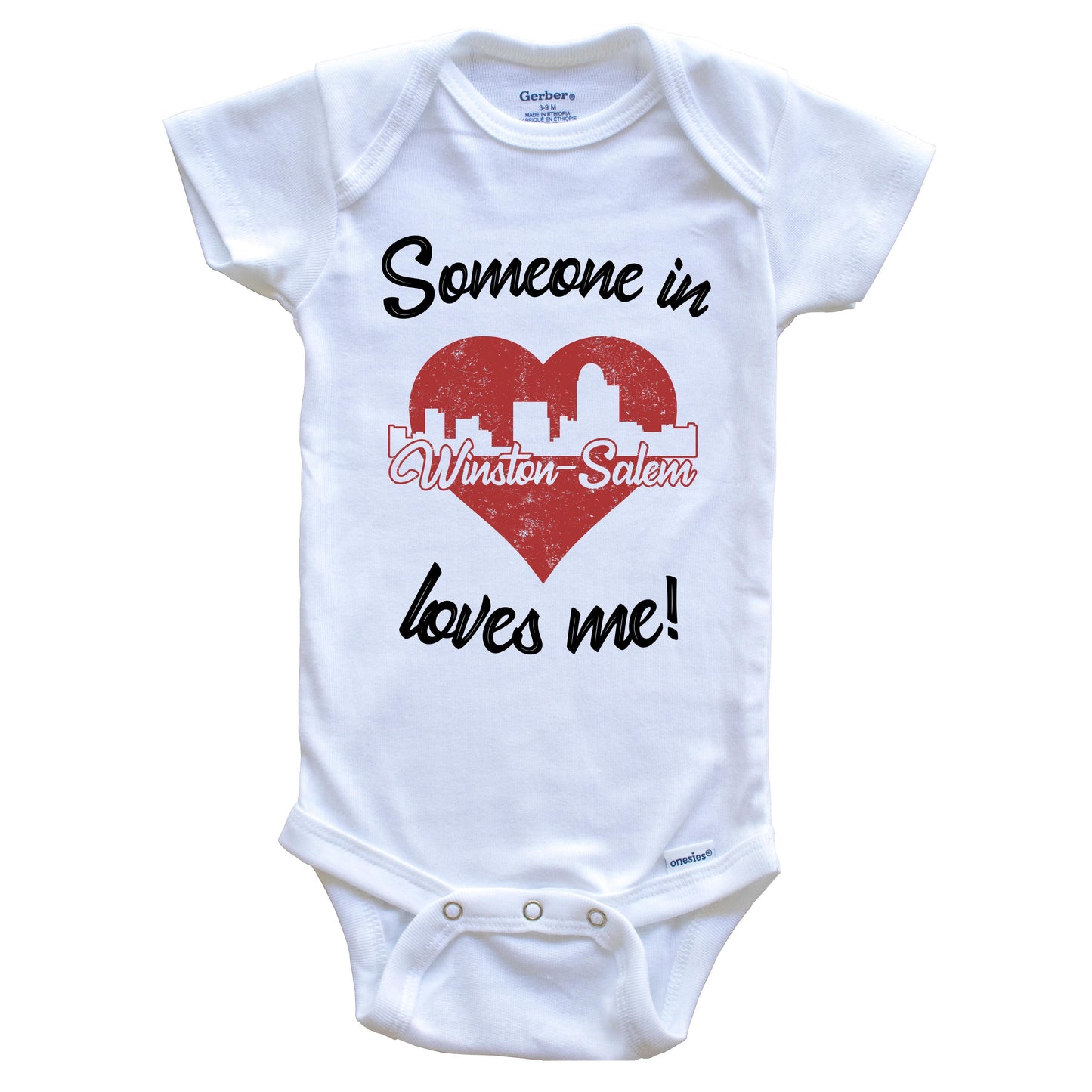 Someone In Winston-Salem Loves Me Red Heart Skyline Baby Onesie