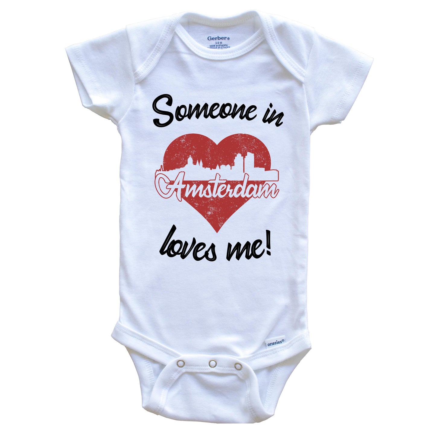 Someone In Amsterdam Loves Me Red Heart Skyline Baby Onesie