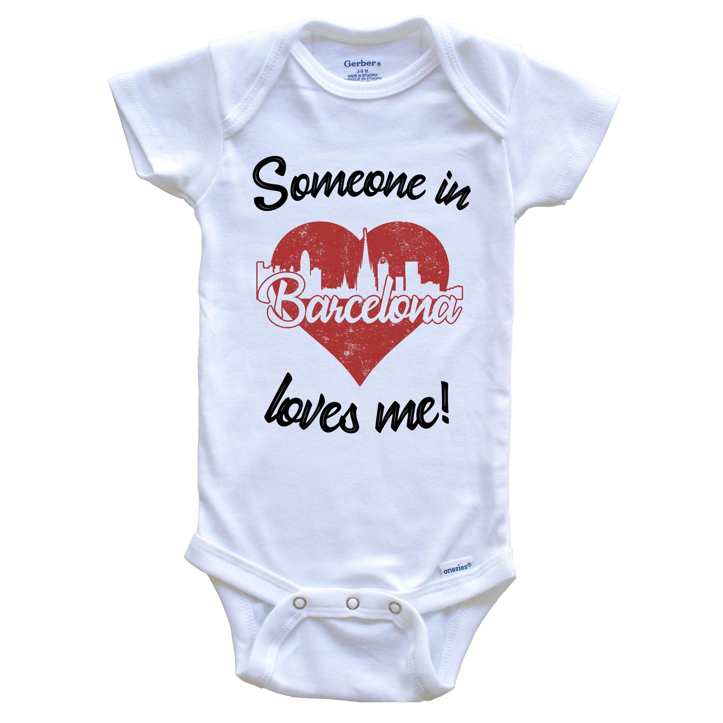 Someone In Barcelona Loves Me Red Heart Skyline Baby Onesie