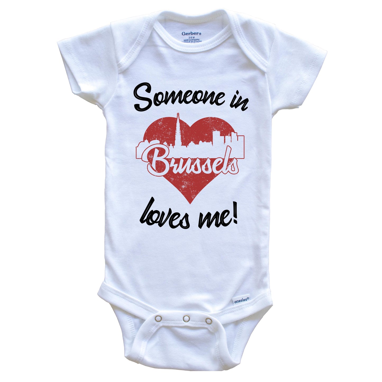 Someone In Brussels Loves Me Red Heart Skyline Baby Onesie
